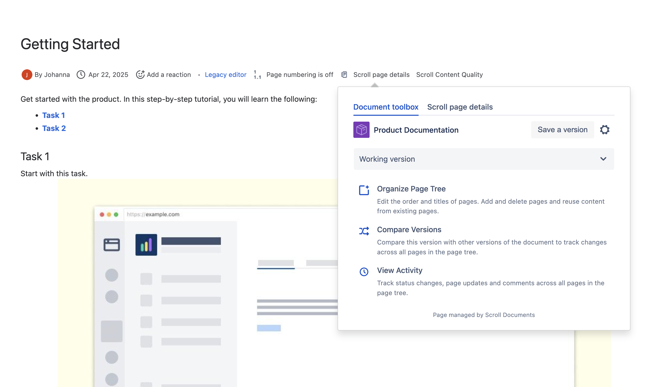 Scroll page details expanded with Document toolbox tab selected