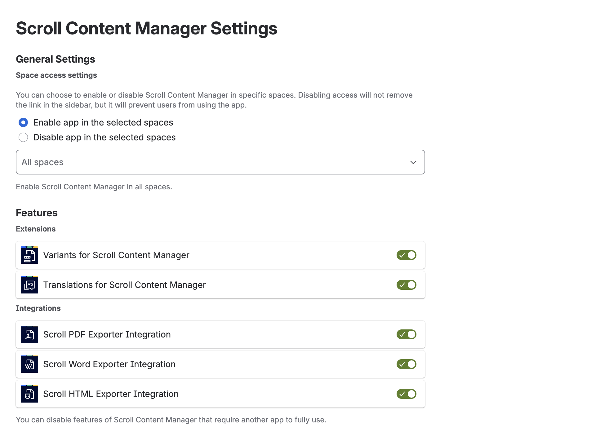 Global settings for Scroll Content Manager, showing options to activate specific integrations and configure in which spaces the app can be used.