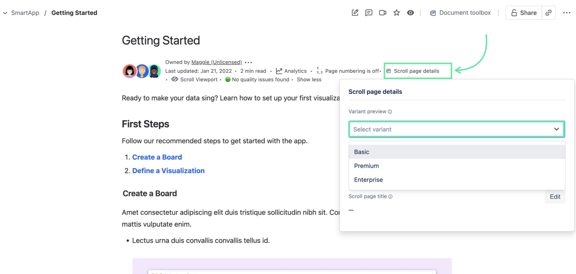Scroll page details expanded with Basic variant selected