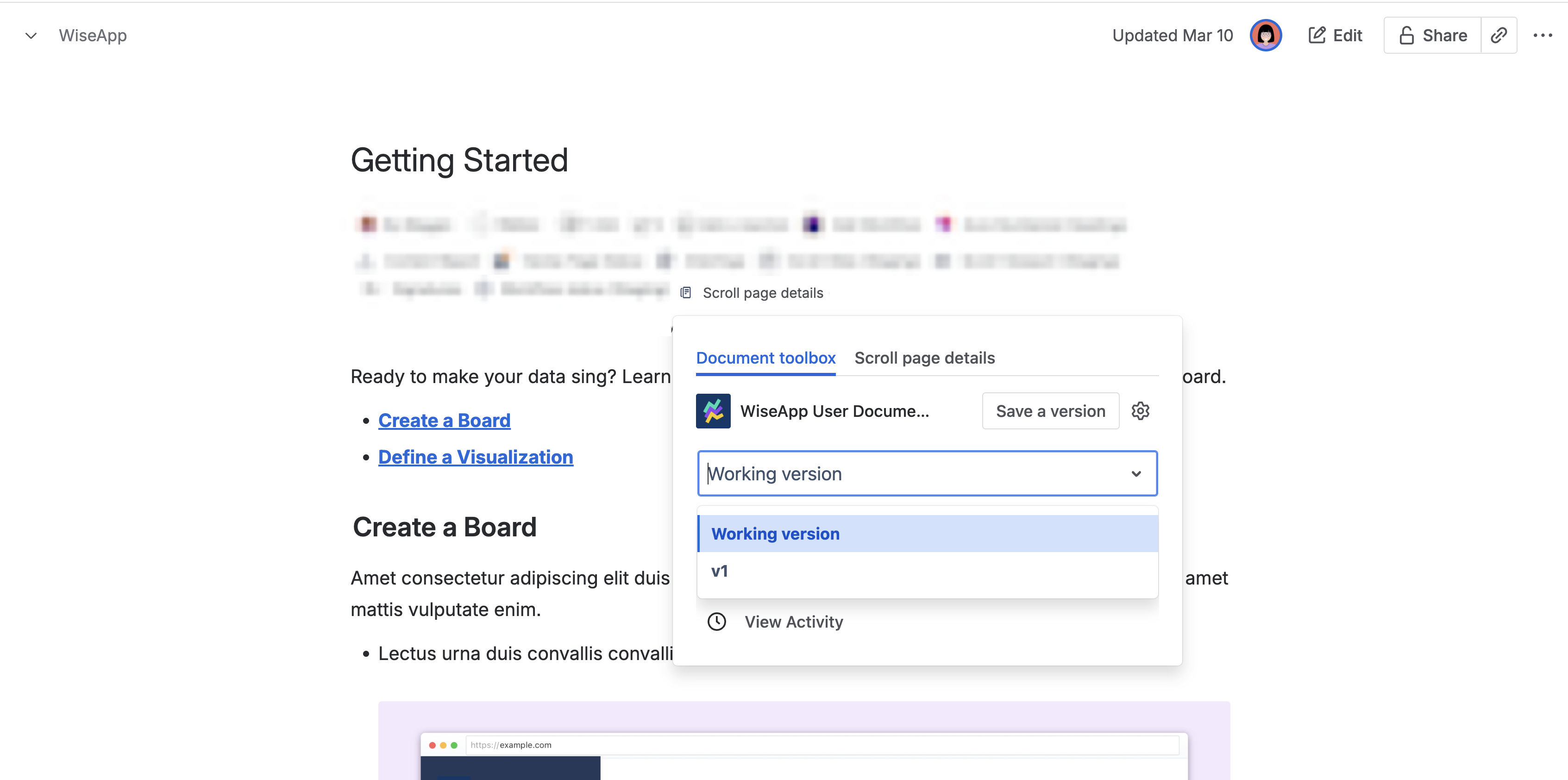 Document toolbox showing the version picker expanded, with the Working version selected.