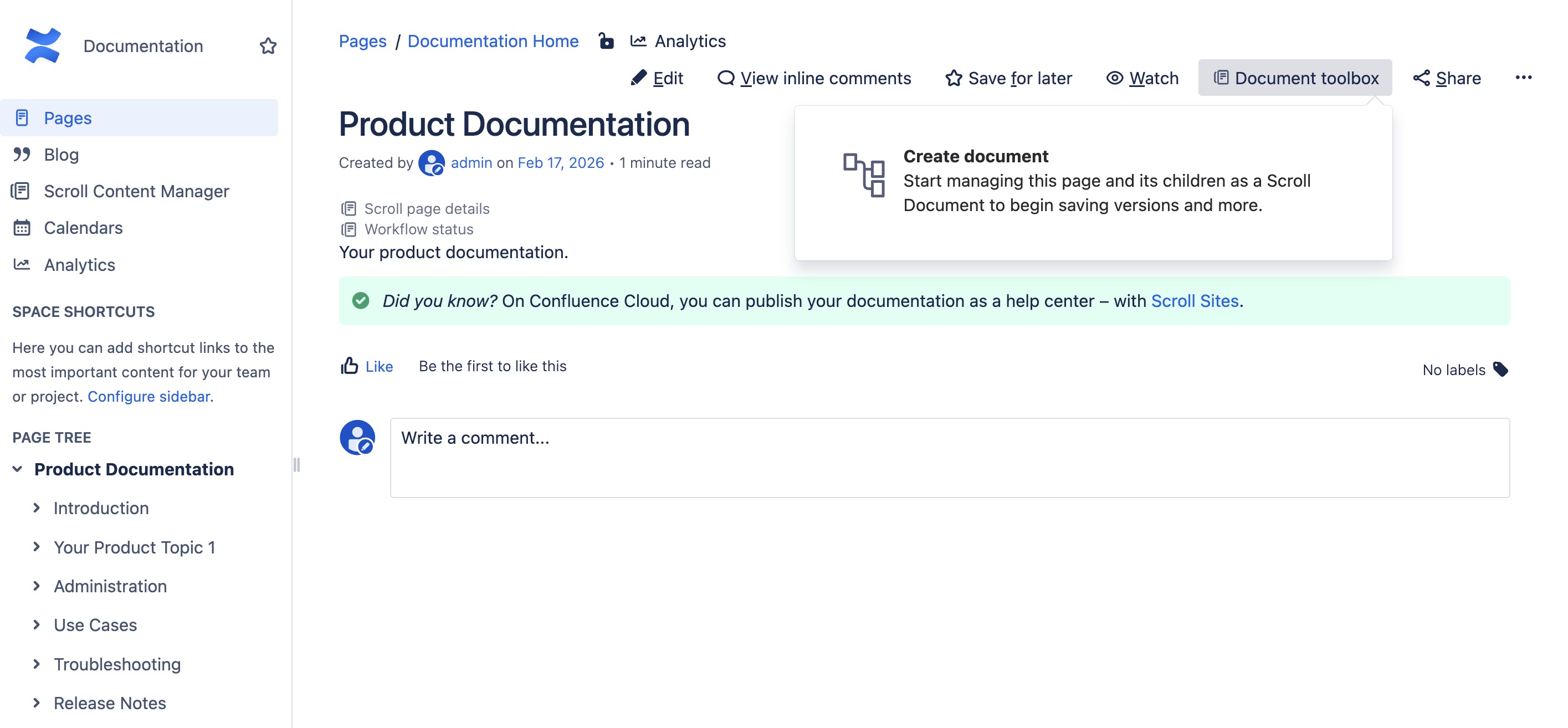 Document toolbox expanded on a Confluence page, showing the Create a document button.