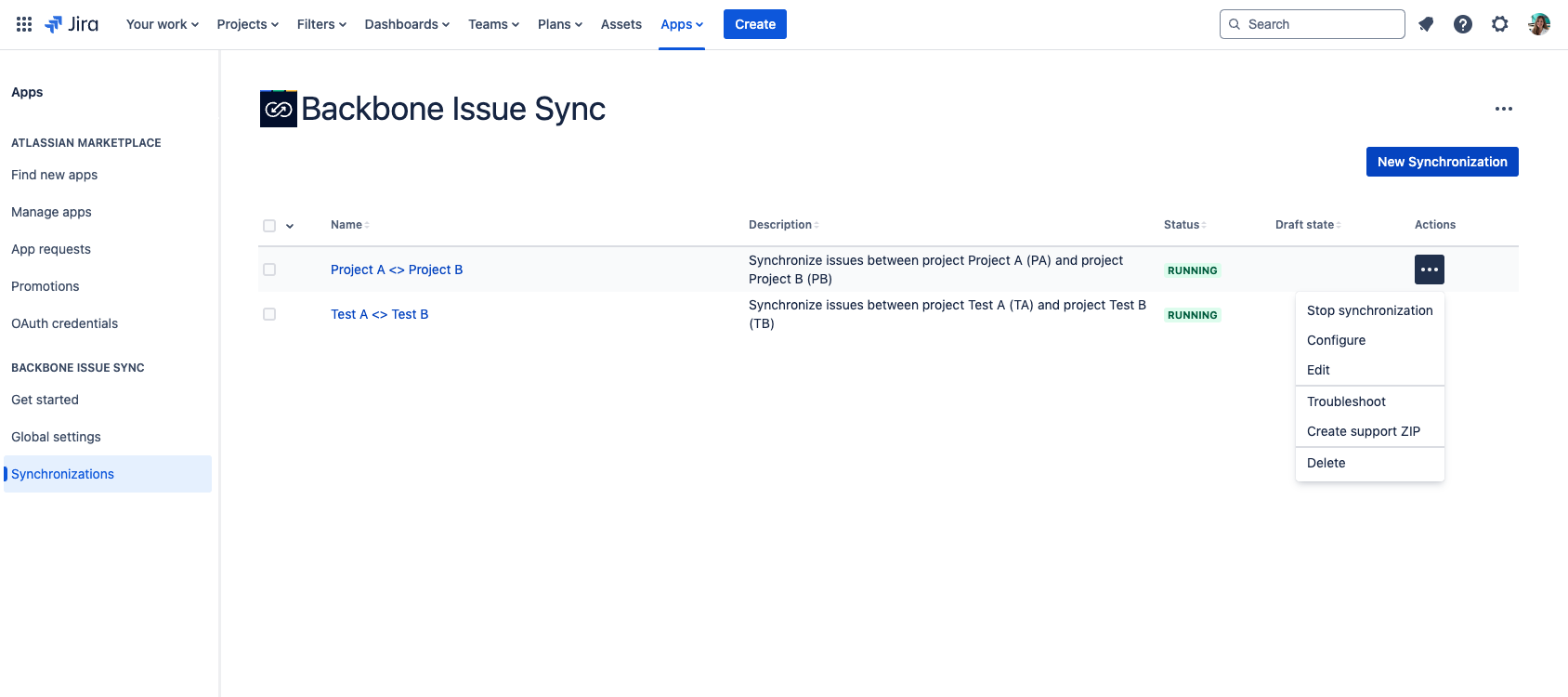 global synchronization overview in manage app settings