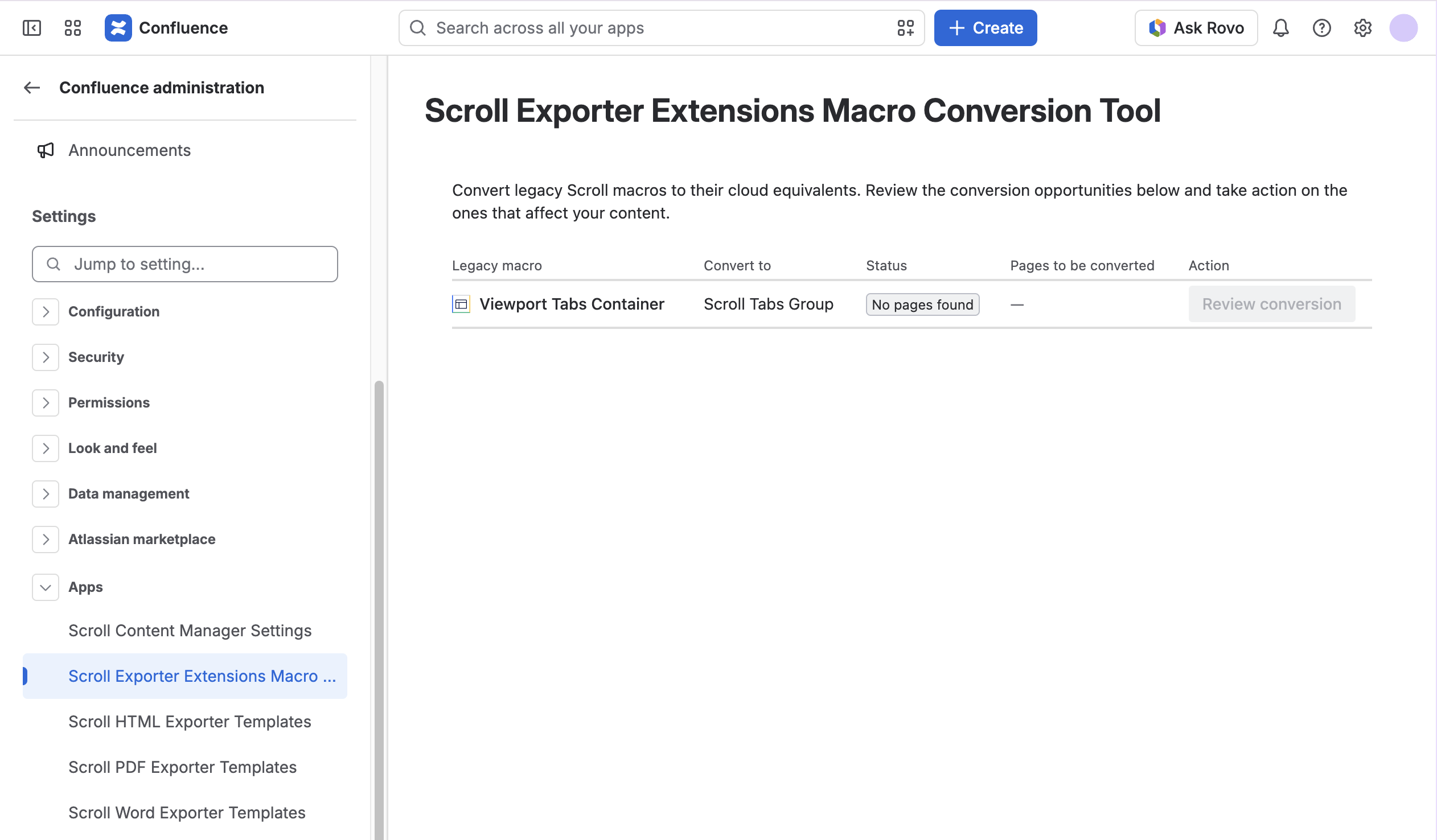 Scroll Exporter Extensions Macro Conversion Tool entry point in General Configuration
