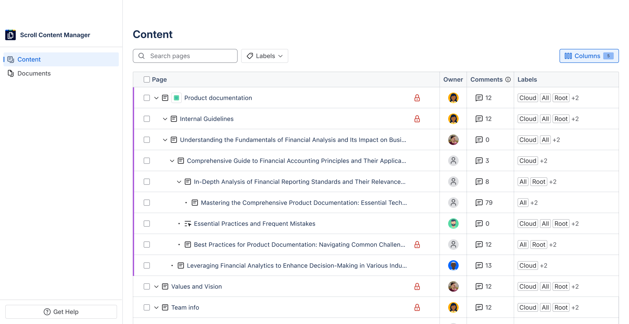 Space-level Content Manager with a document highlighted in the table, showing the Owner, Comments, and Labels columns.