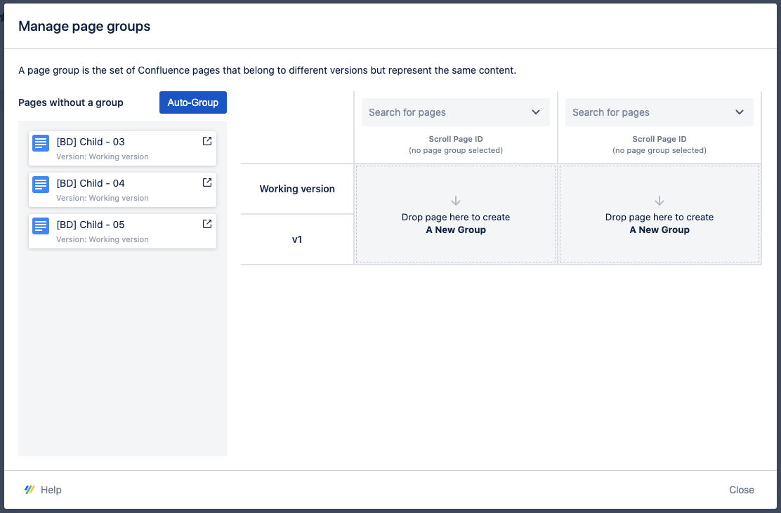 The Page Group Manager with three orphaned pages missing a Scroll Page ID and Page Group.