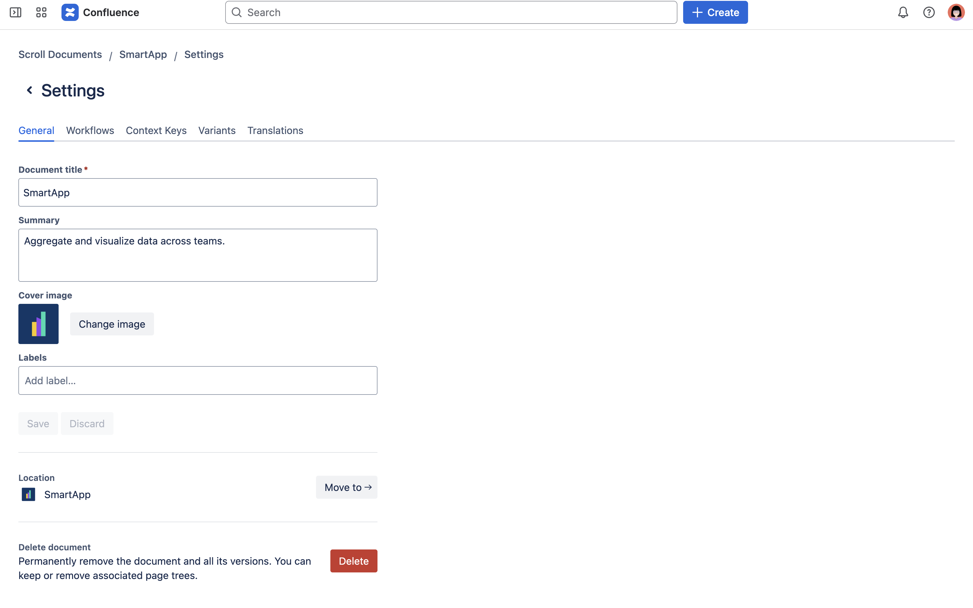 Overview of general document settings. The user can change the cover image, change document title, move the document, and delete the document.