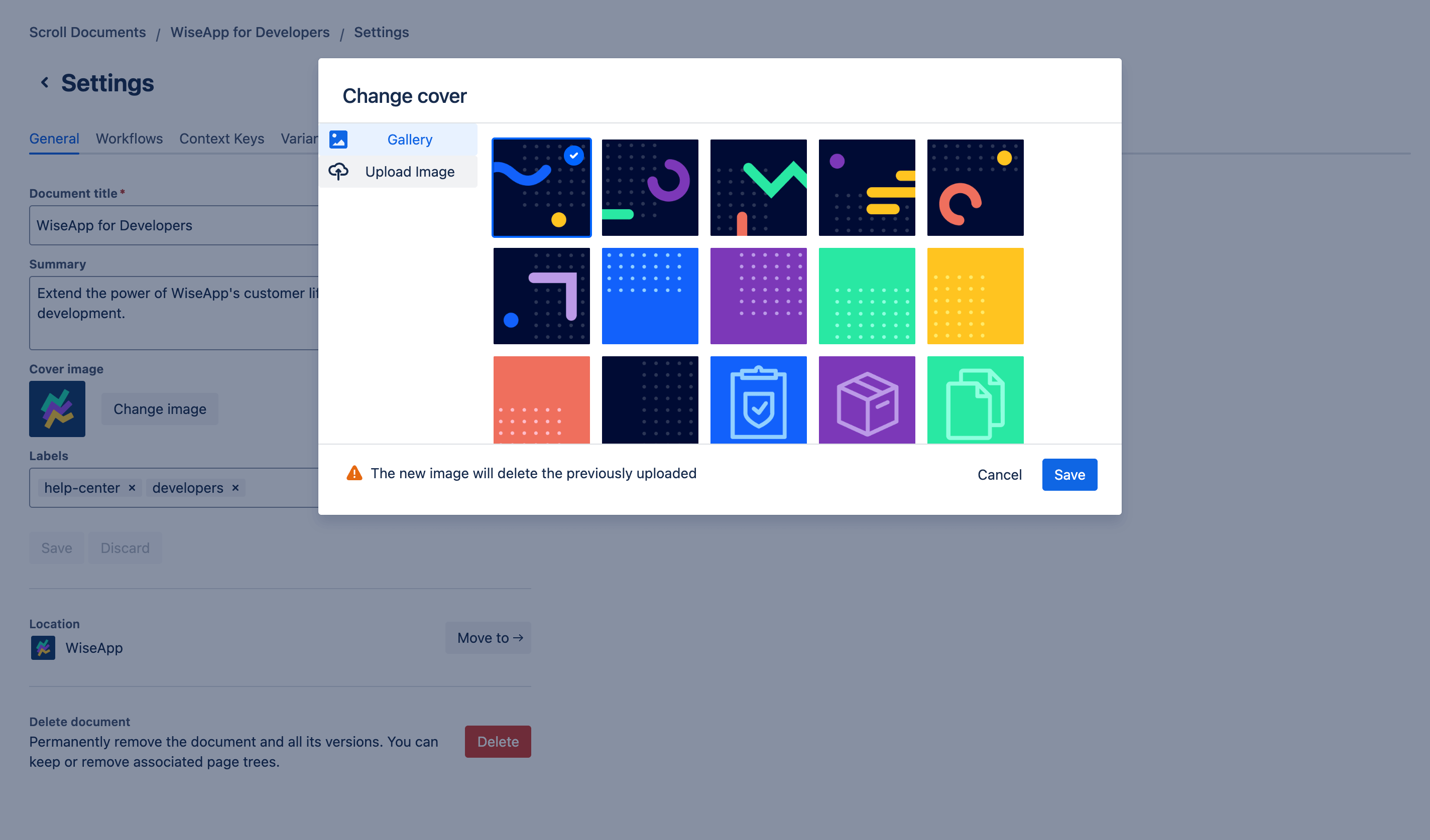 Change cover image of your document. Gallery option selected.