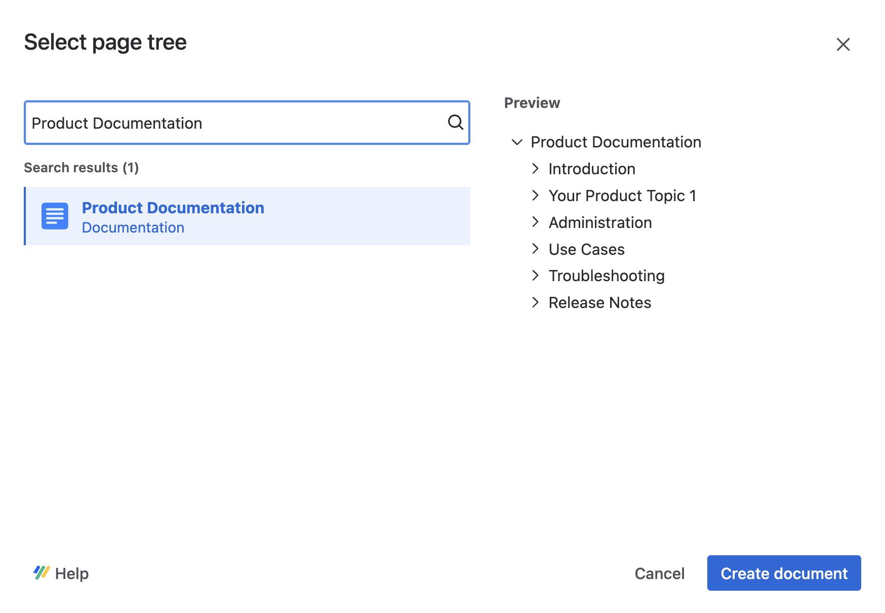 Select page tree dialog showing a preview of the selected page structure when creating a document from existing Confluence pages
