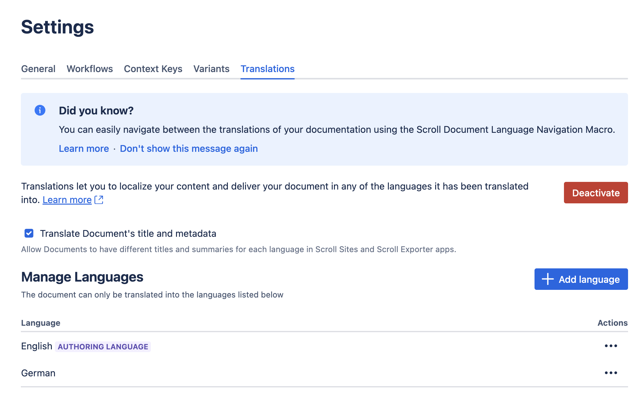 Translation settings in Scroll Documents