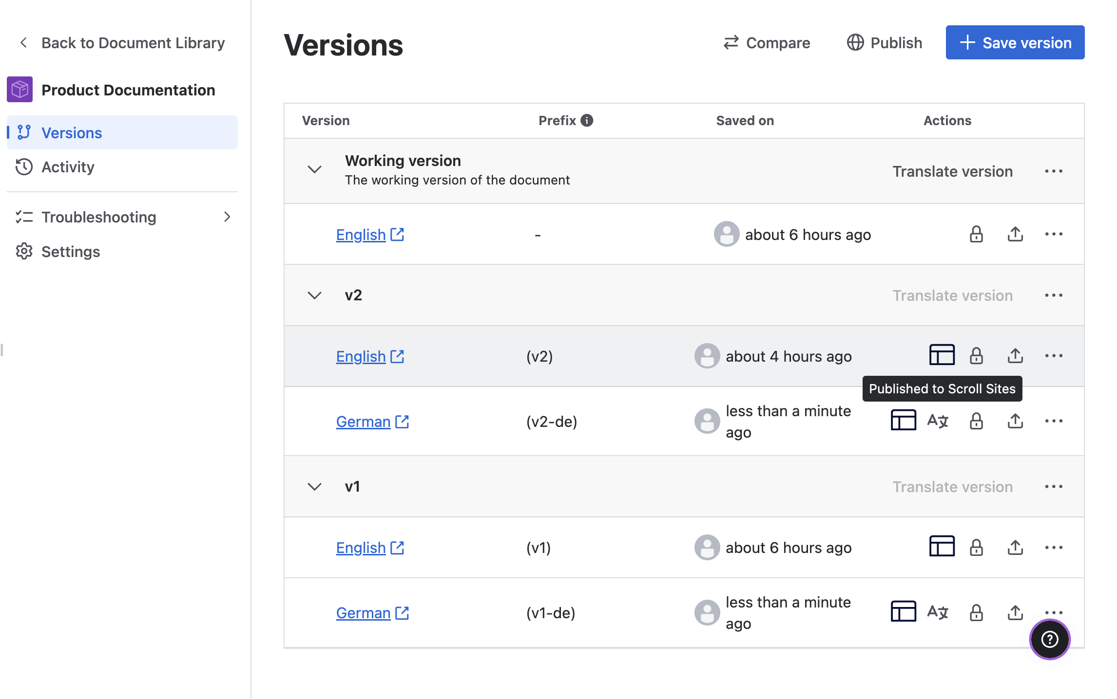 The version list showing 2 versions and 2 languages published to Scroll Sites