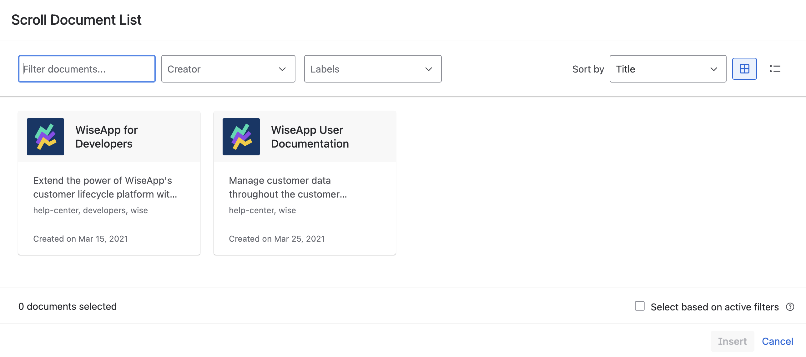 Document list macro showing two documents in a space, with filter options for document name, creator, and labels.