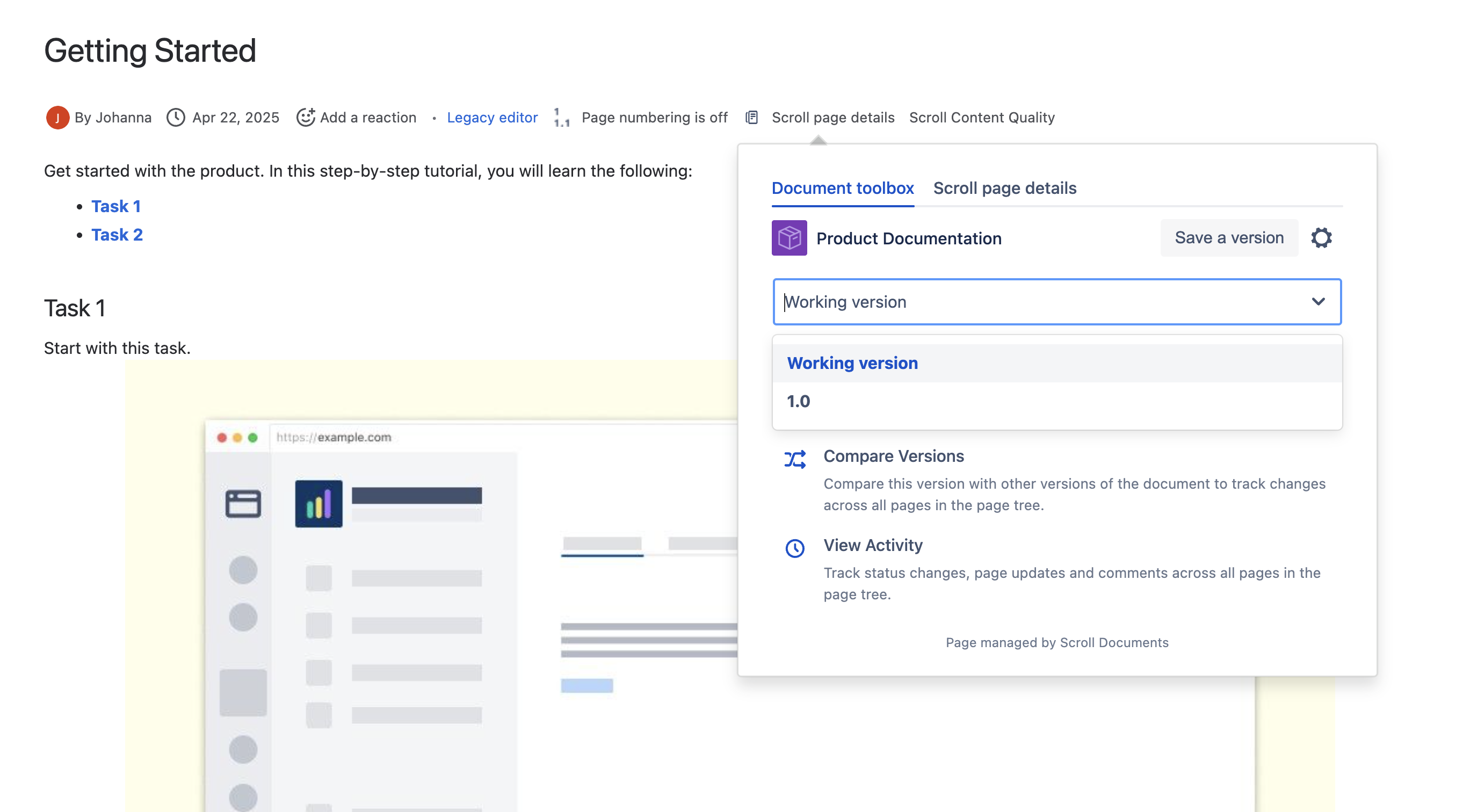 Version picker expanded within Document toolbox