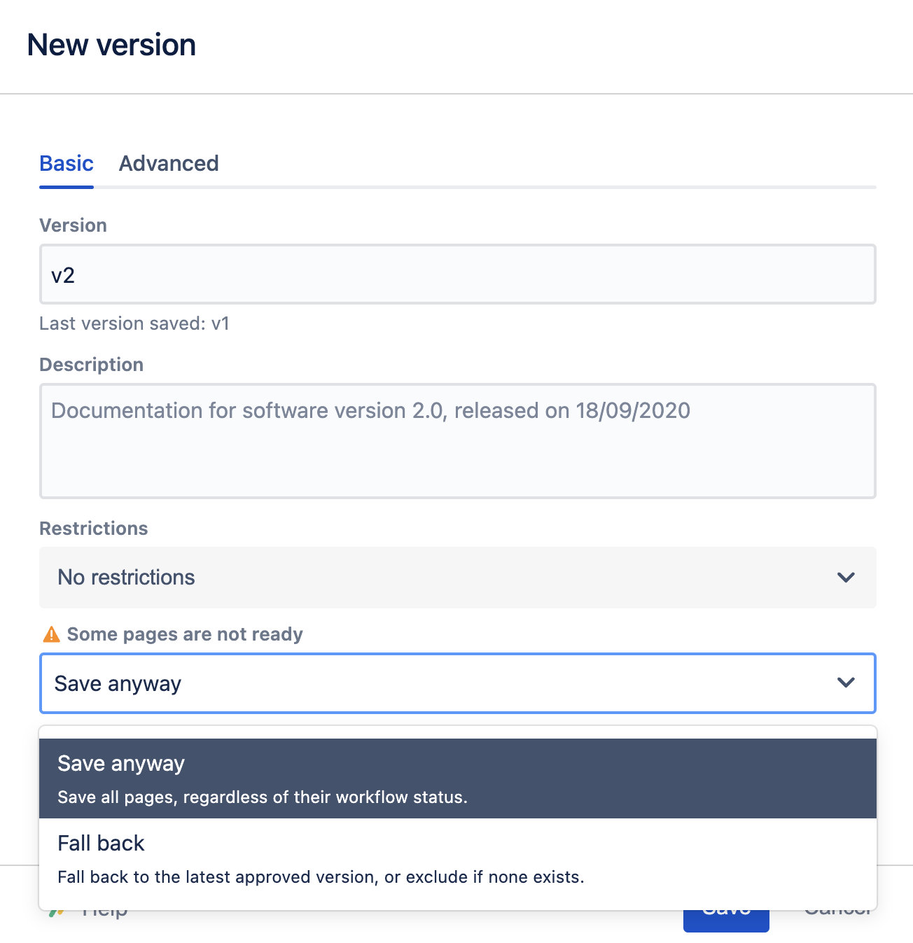 Save Version dialog with options to copy all pages regardless of workflow status, use the latest approved version as a fallback, or exclude pages not present in a previous version.