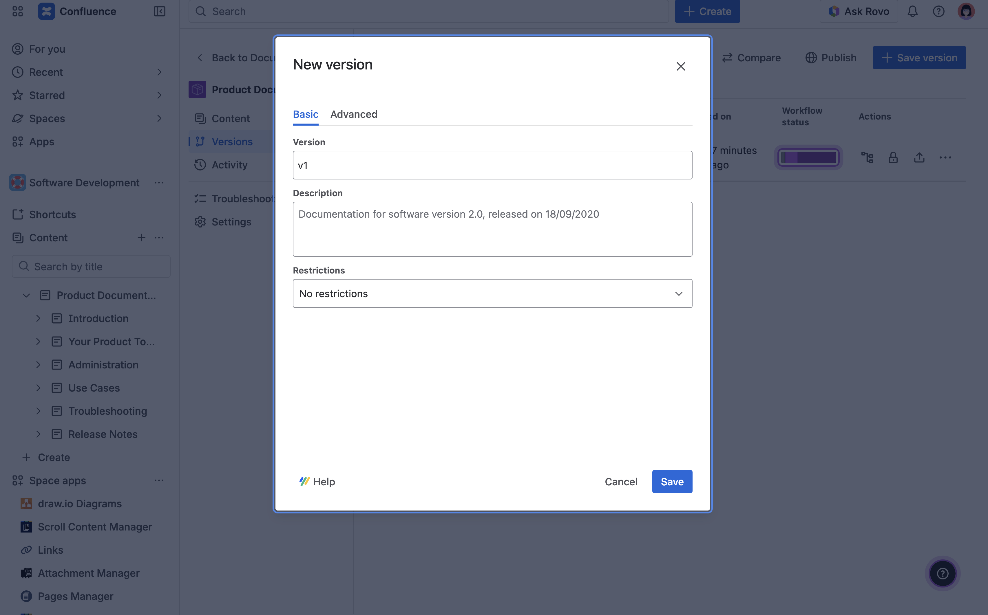 Save version dialog in showing V1 entered in the version name field