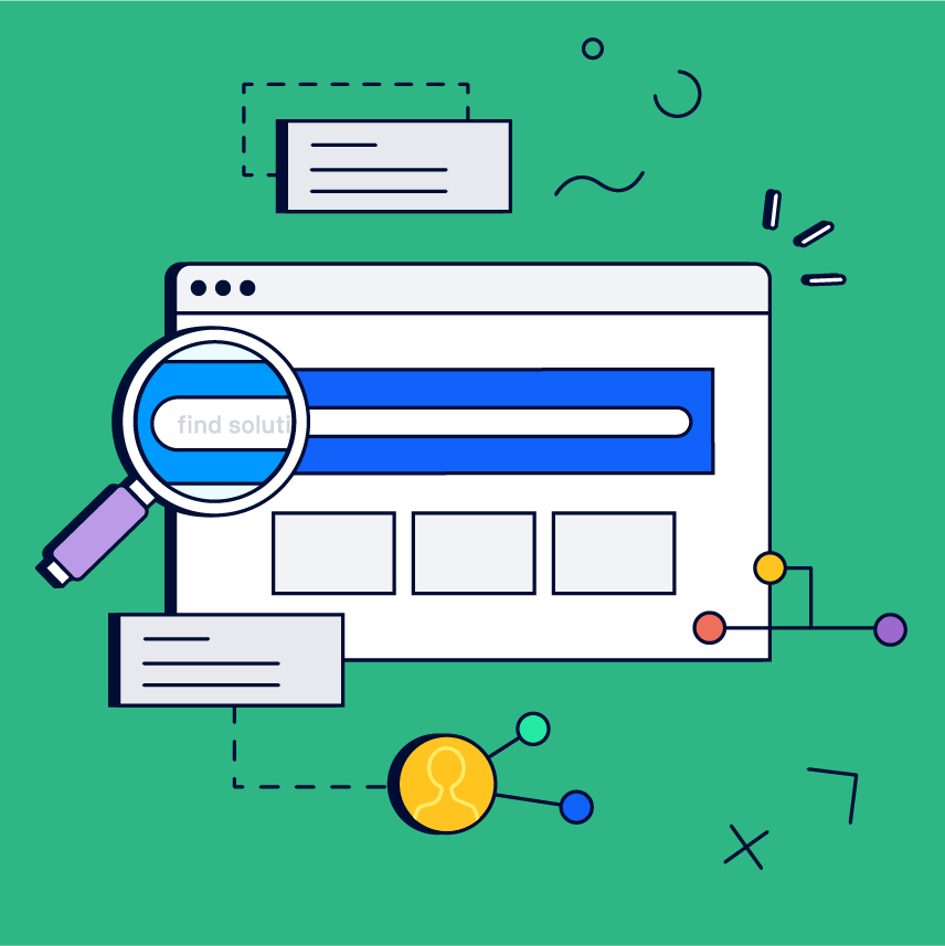 Teaser image for a product documentation article, a magnifying glass zooming in on a help center.