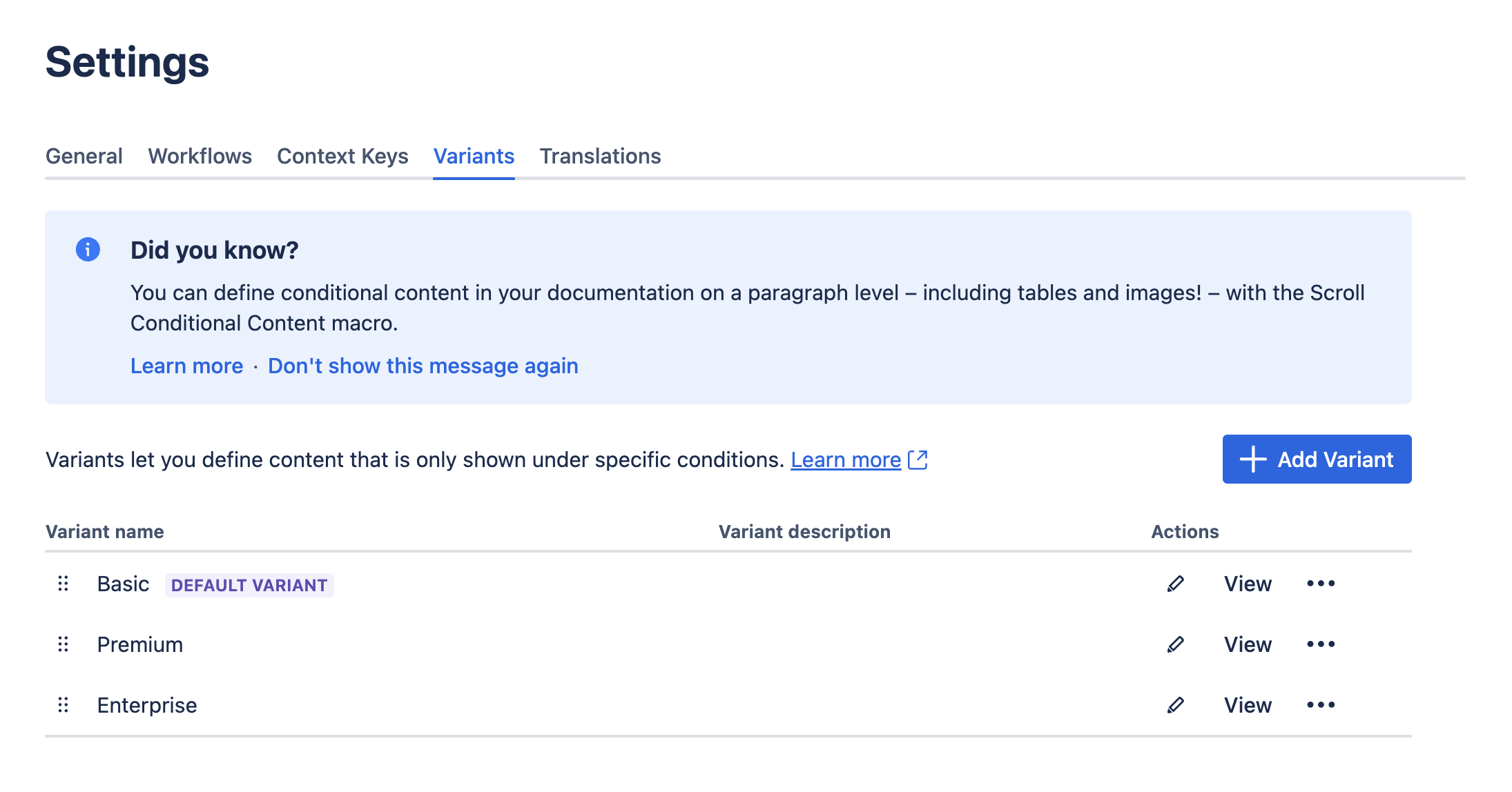 Variant settings in Scroll Documents