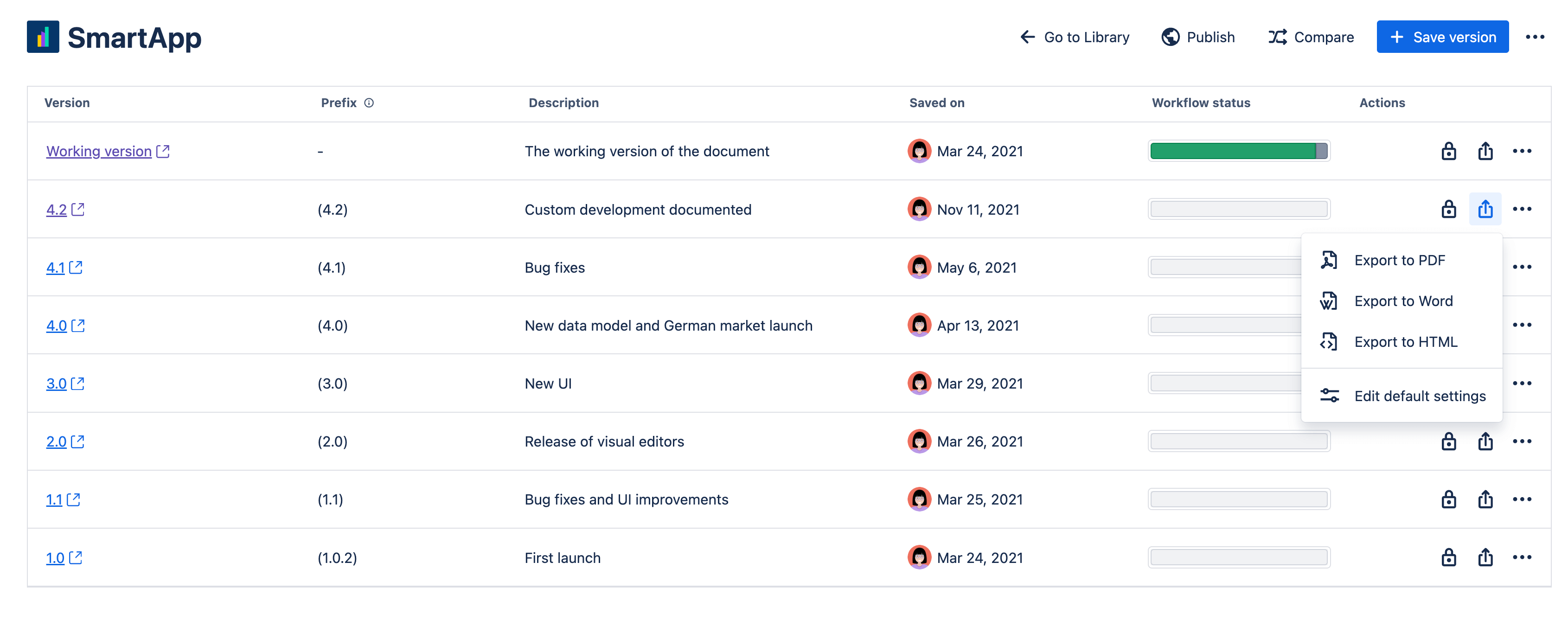 Export option selected within the document manager, export to PDF, Word, or HTML.