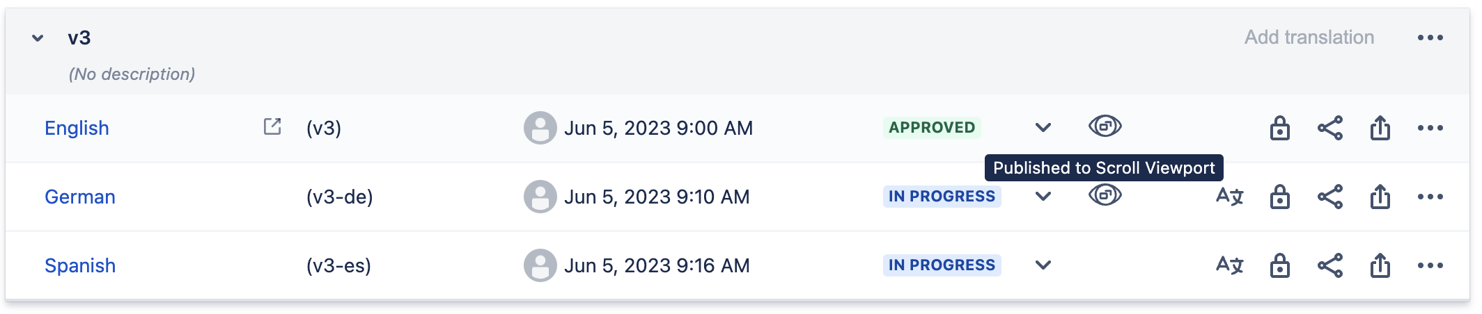 Versions published to your Viewport site.