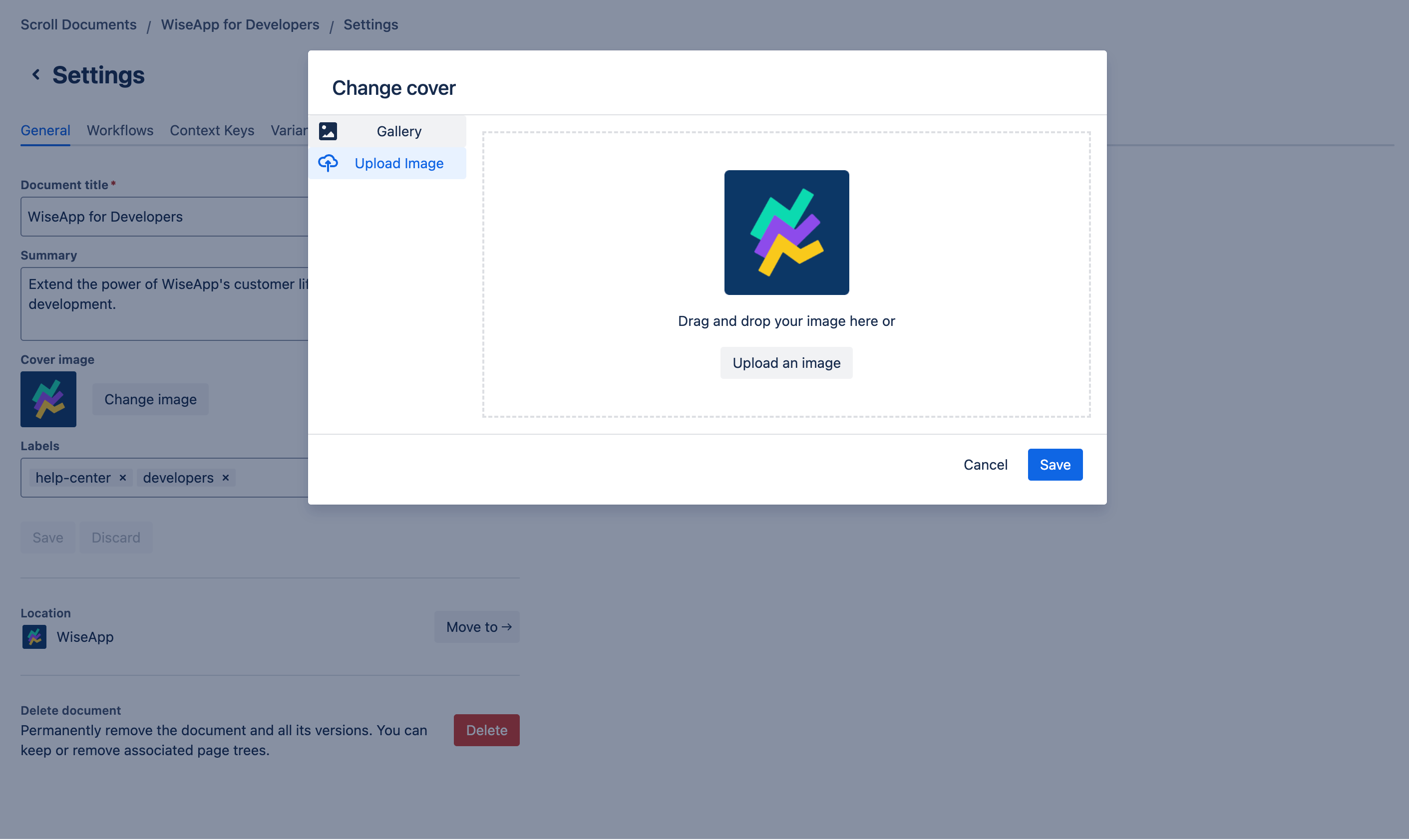 Dialog to change cover image of your document. Upload an image is selected.