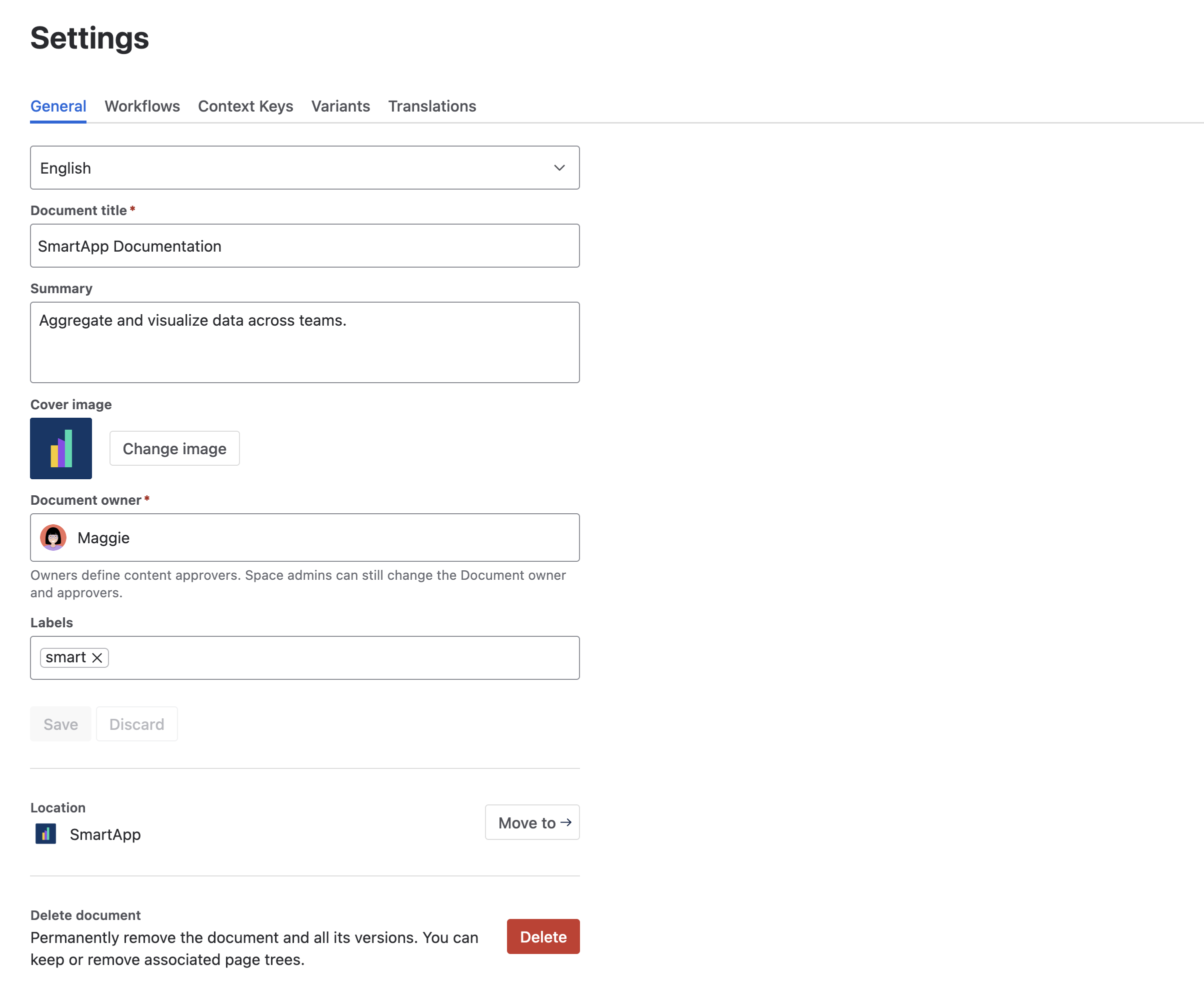 Document settings showing options for title, summary, owner, cover image, and labels, alongside actions to move, delete, or translate document metadata.