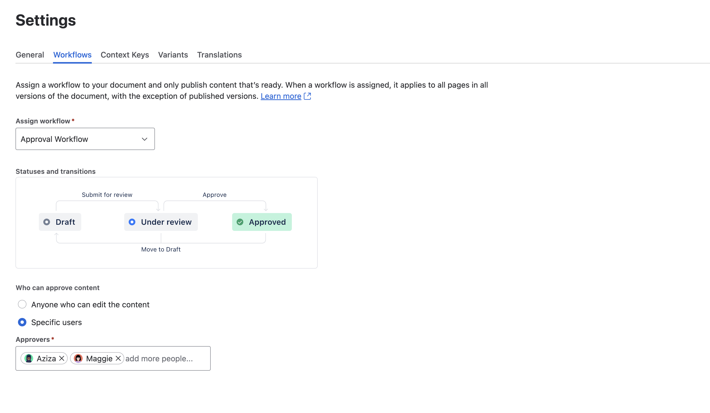 Workflow settings screen with the approval workflow enabled and two specific users assigned as content approvers.