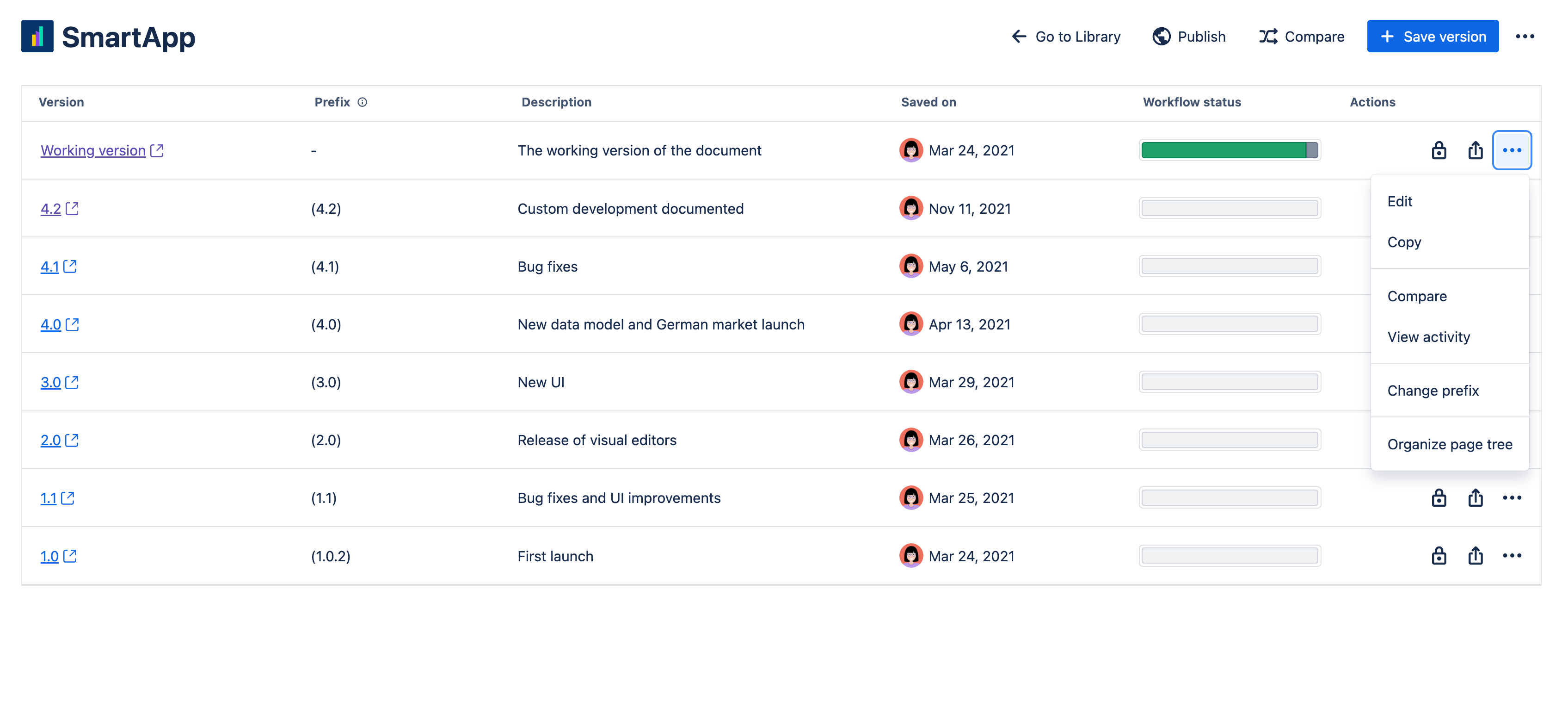 More page tree actions selected within the document manager