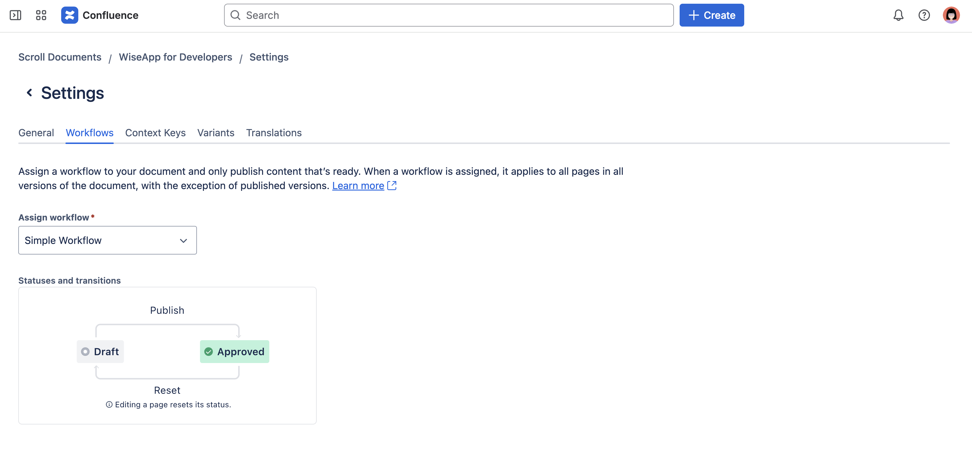 Workflow settings in Scroll Documents