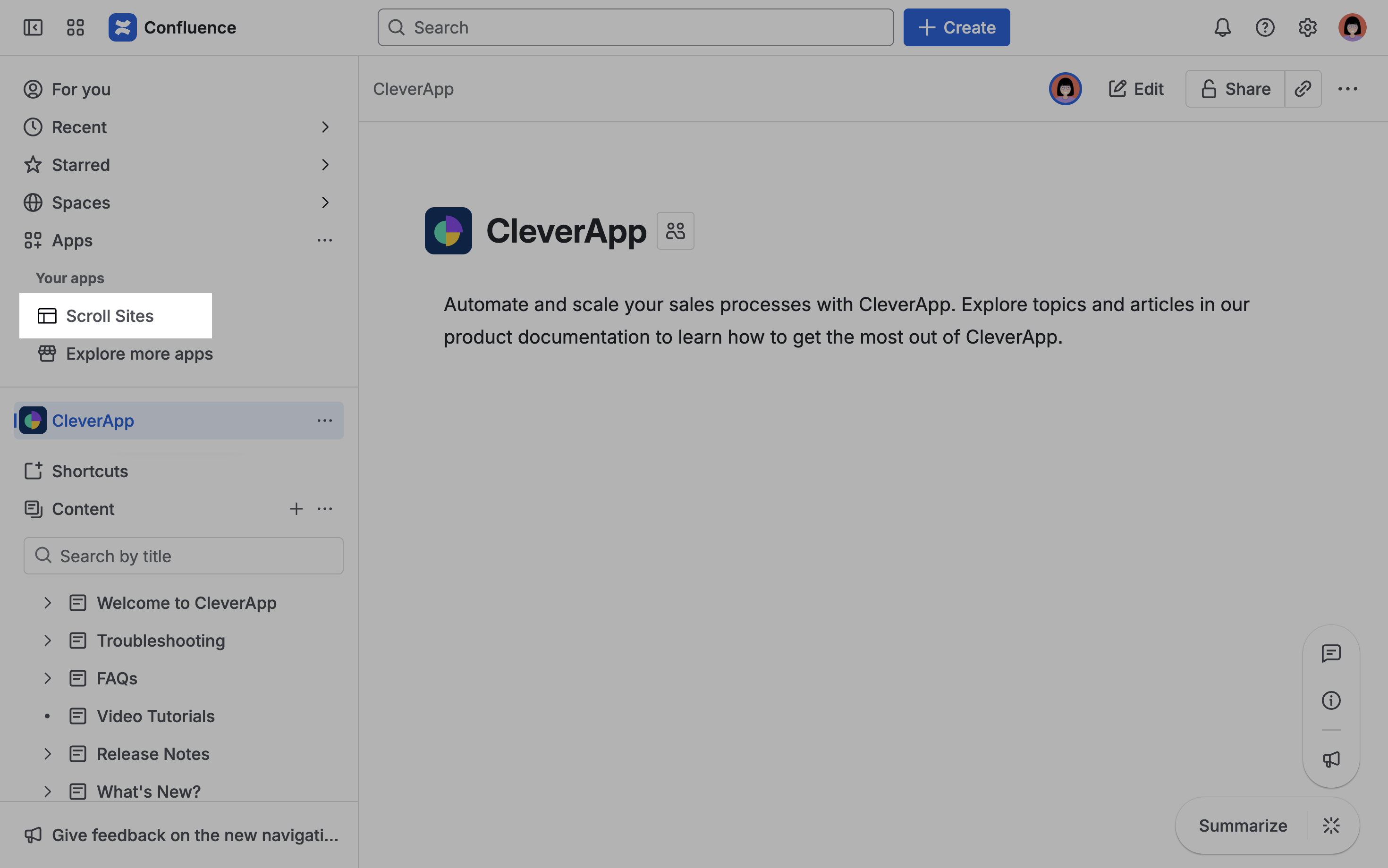 Scroll Sites item in Confluence Apps menu.png