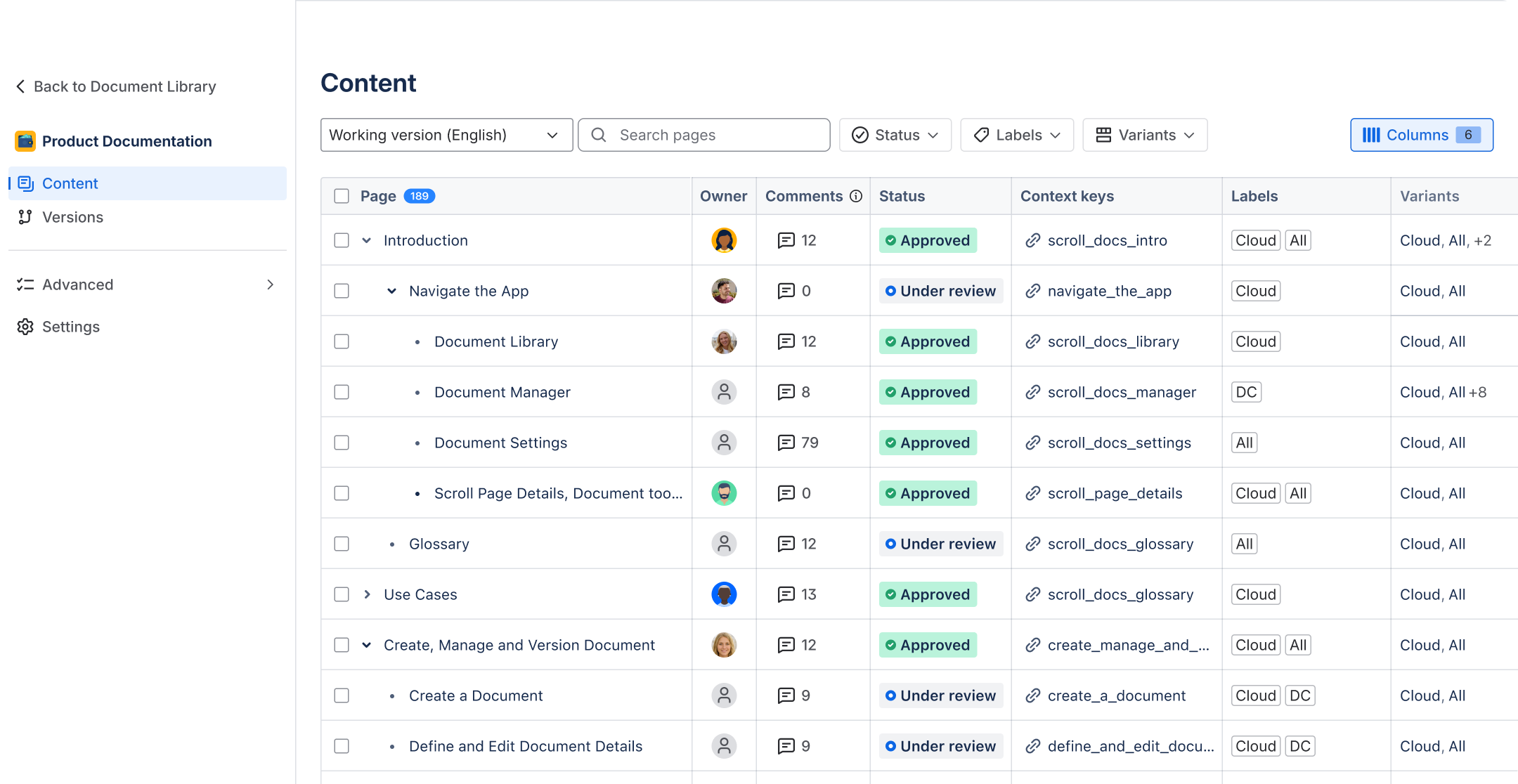 The Content Manager showing all pages part of the Working version