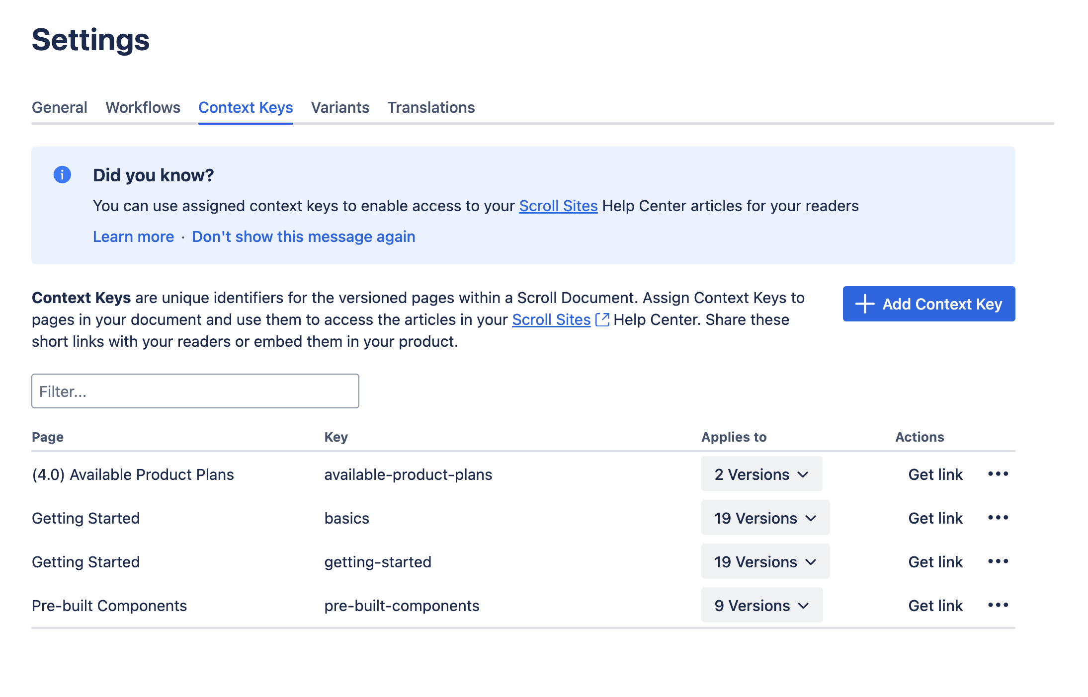 Context keys settings in Scroll Documents