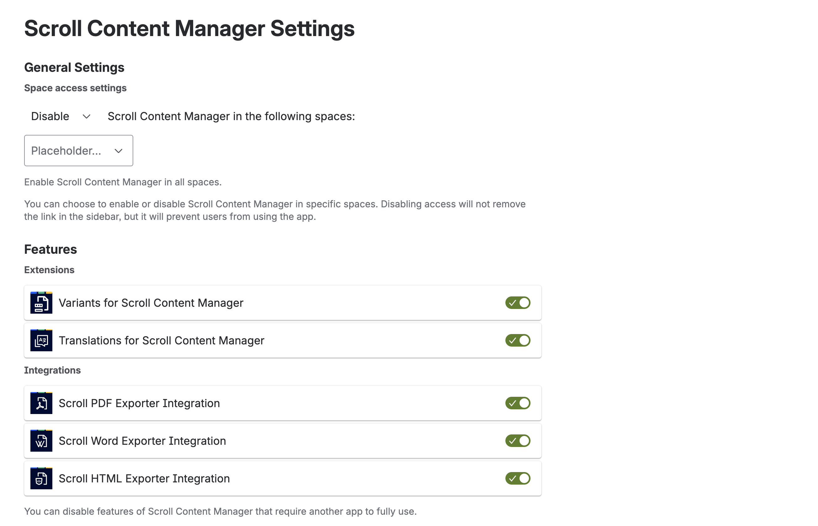 Global settings for Scroll Content Manager, showing options to activate specific integrations and configure in which spaces the app can be used.