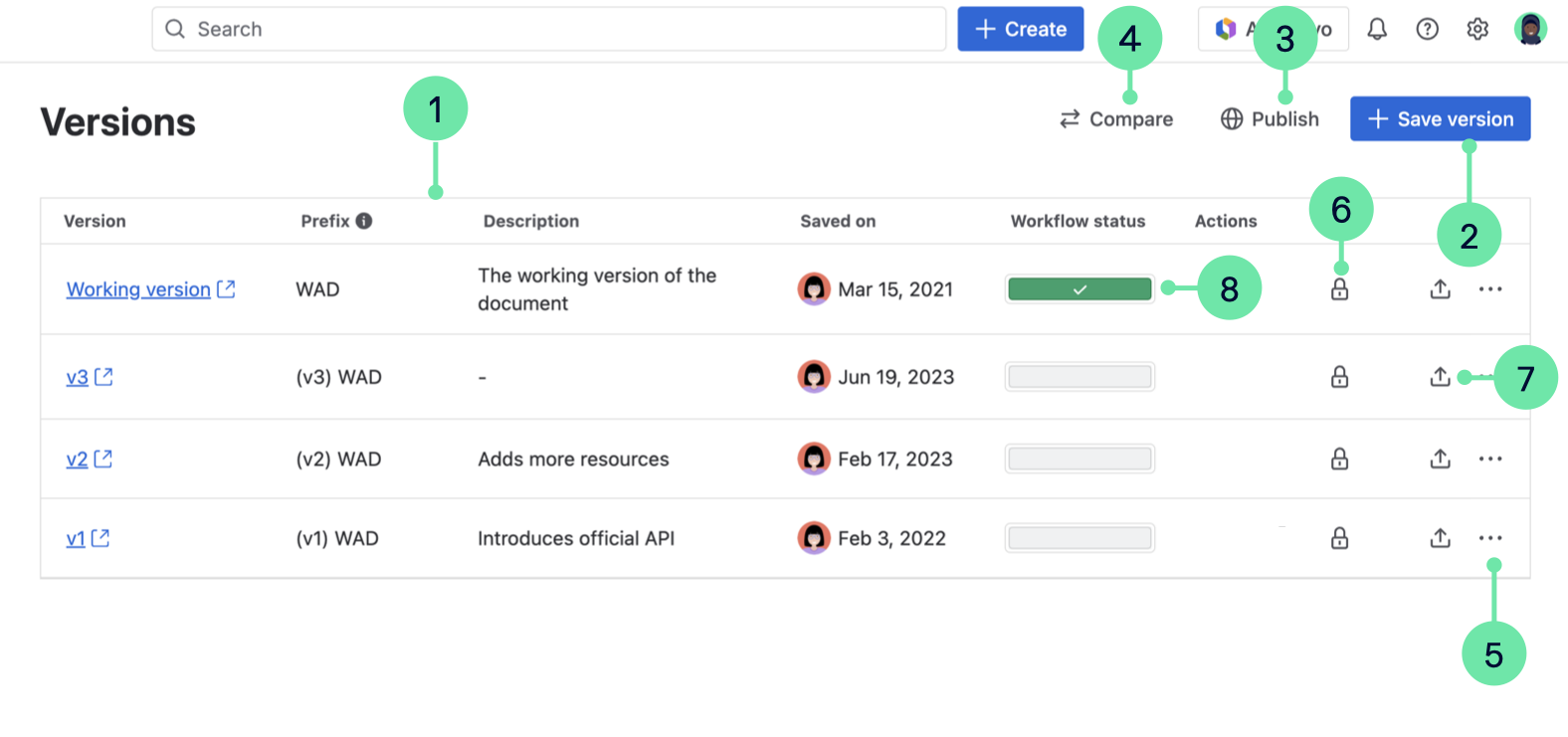 Version list overview with callouts for app features on data center