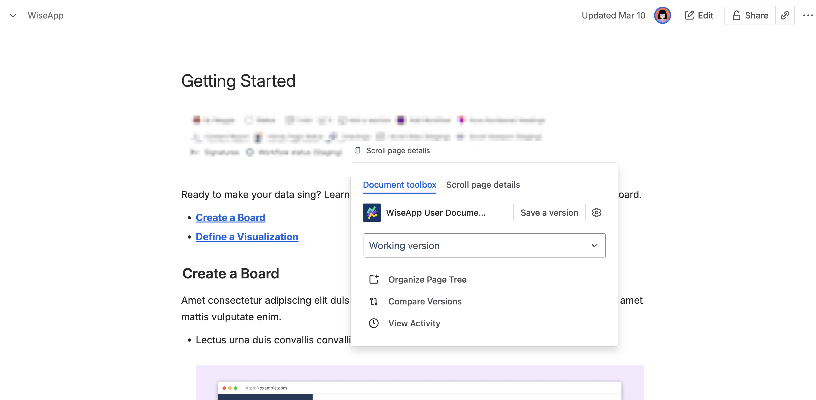 Document toolbox menu opened from the page byline, showing the current Working version and options to save, organize page tree, or compare versions.