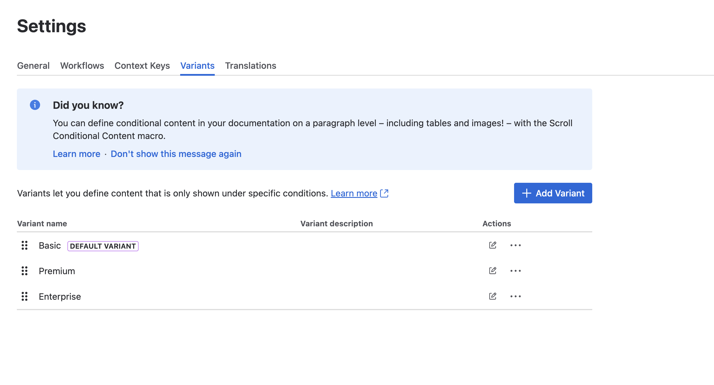 Variant settings screen showing three existing variants (Basic, Premium, and Enterprise) with options to add, edit, copy, or delete a variant.