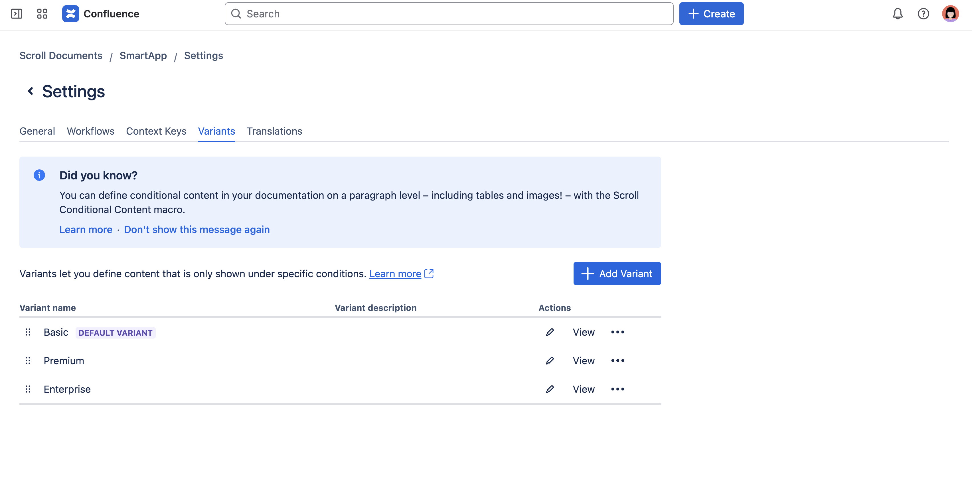 Variants settings in Scroll Documents