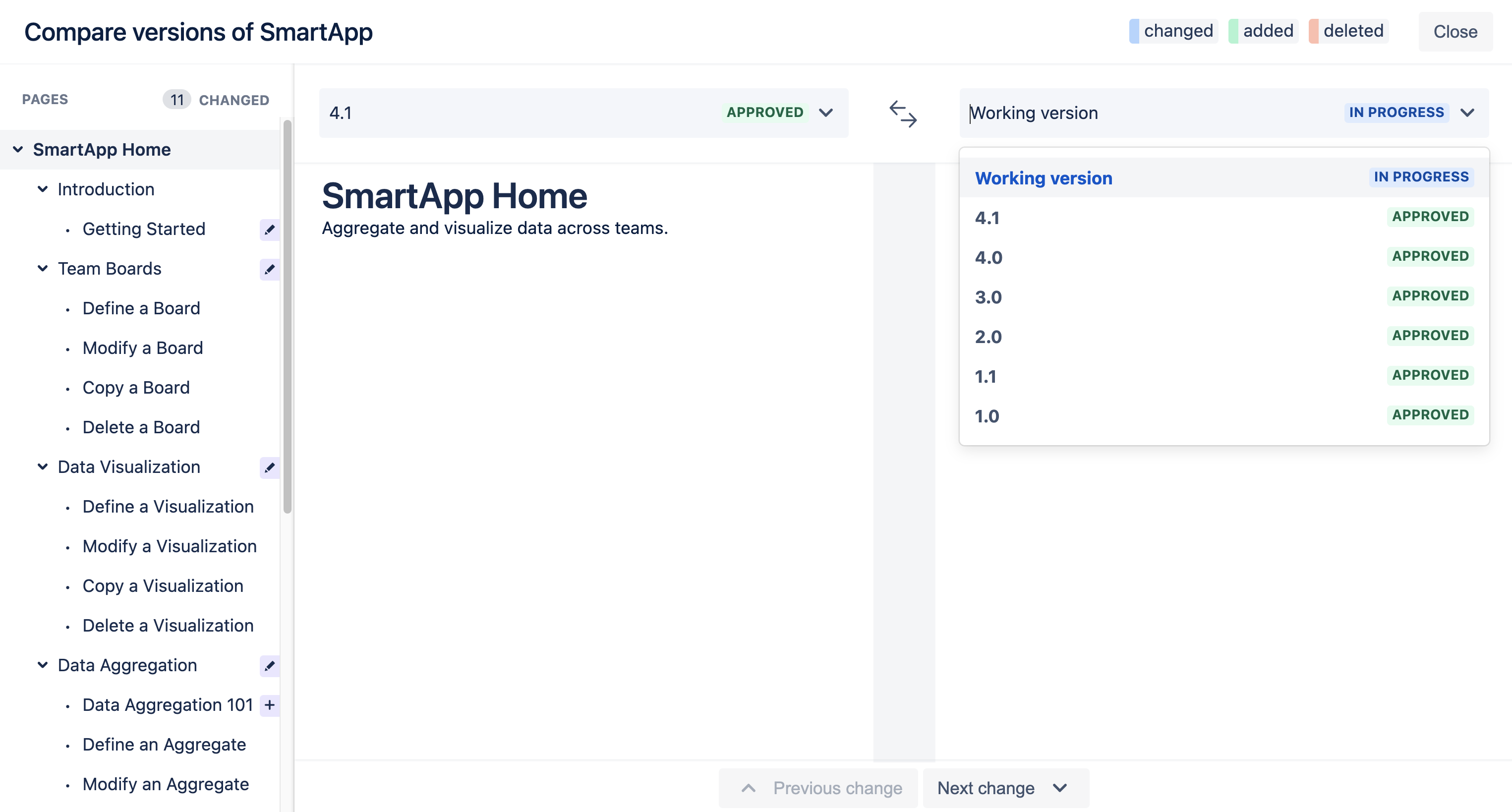 Comparing Working version to version 4.1 in Comparison versions dialog.