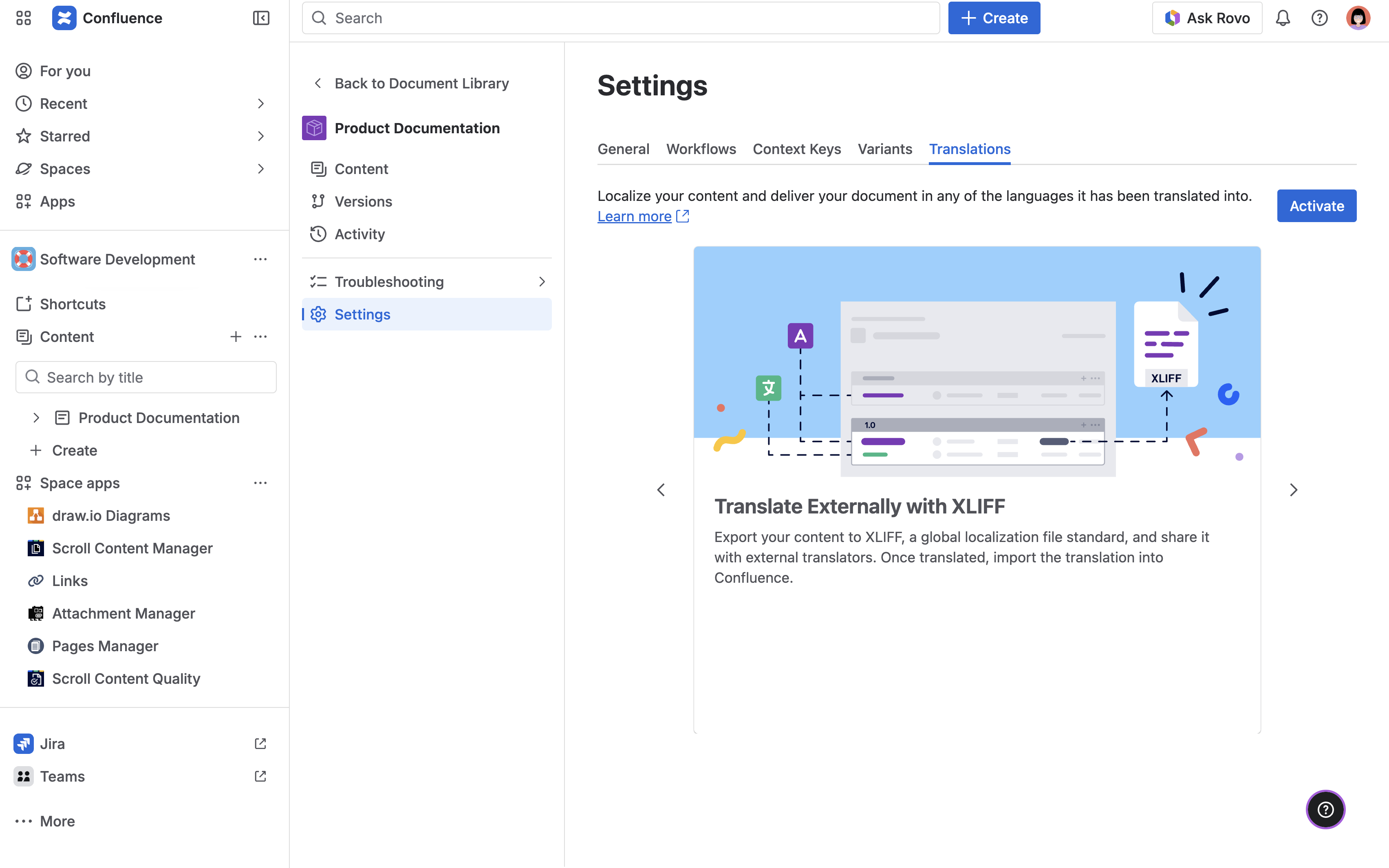 Translations settings, featuring the option to activate translations. 