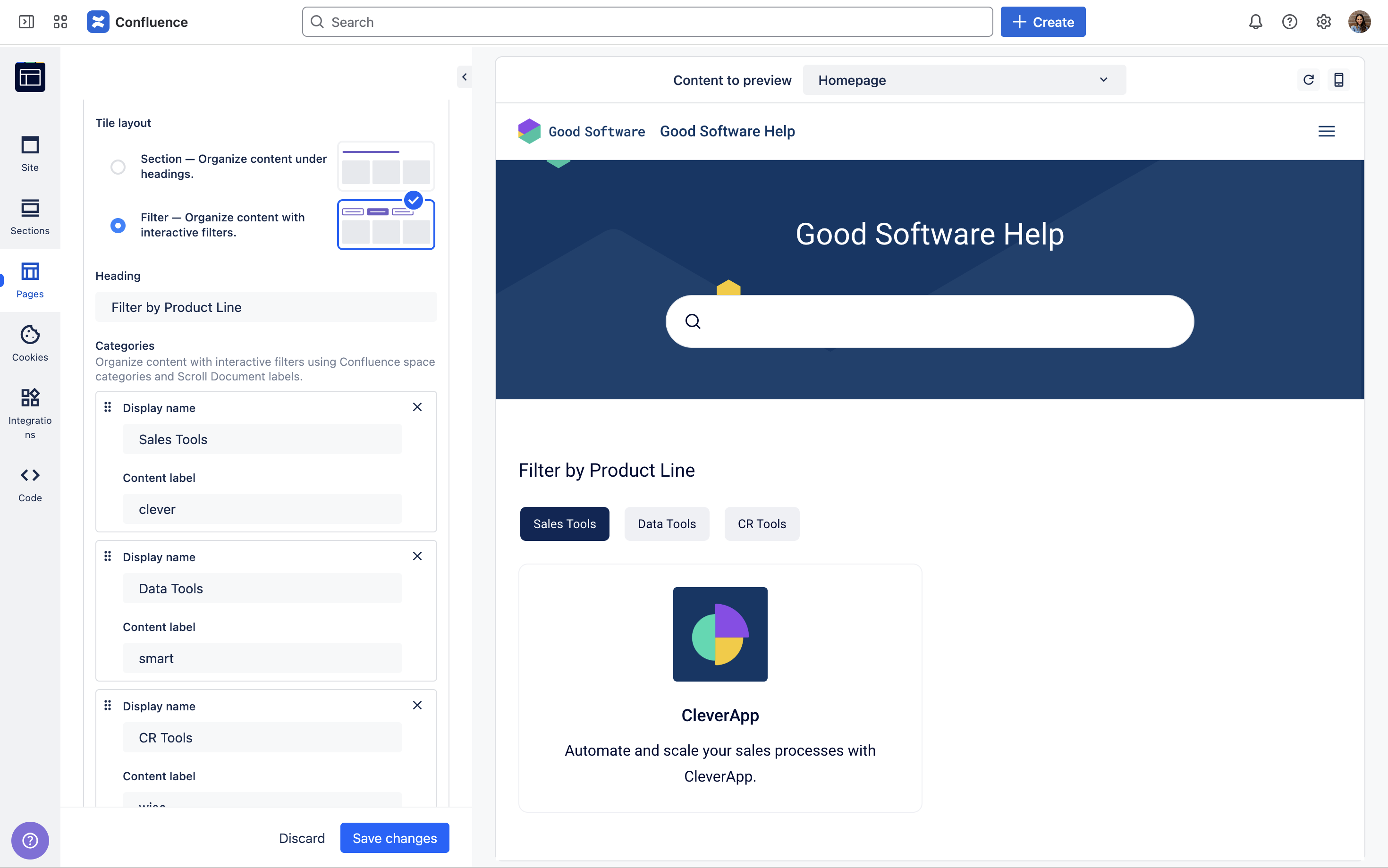 The theme configurator showing the new portal page tile layout filter option