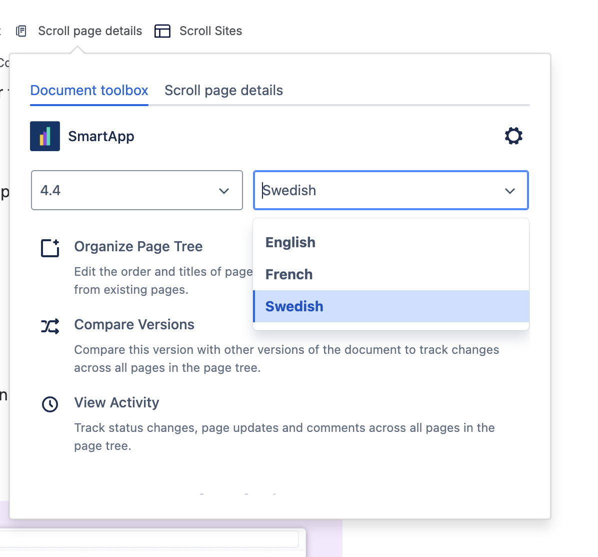 Document toolbox with language picker expanded