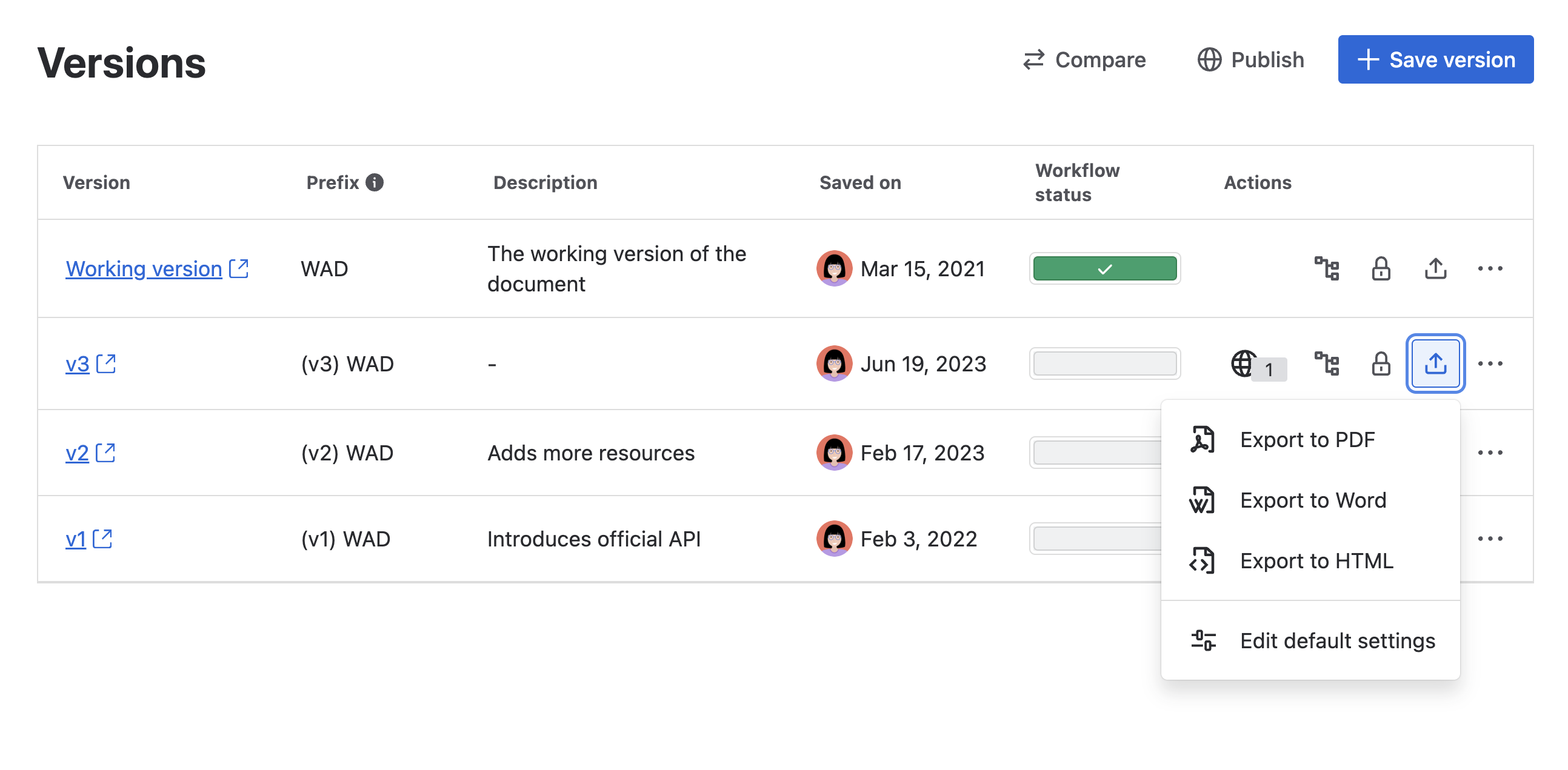 Version list showing the export menu expanded, with options to export to PDF, Word, or HTML, and a link to configure default export settings.