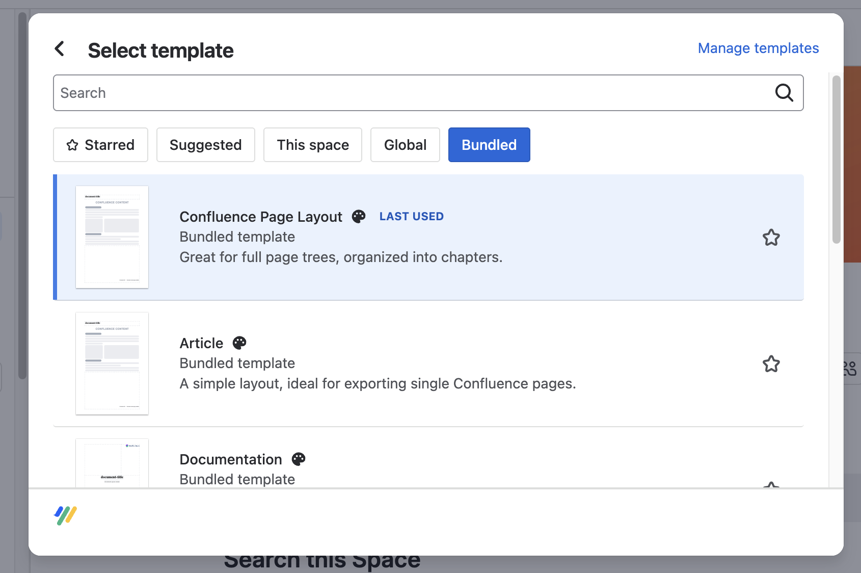 Scroll PDF Export Dialog with the filter set to Bundled Templates.