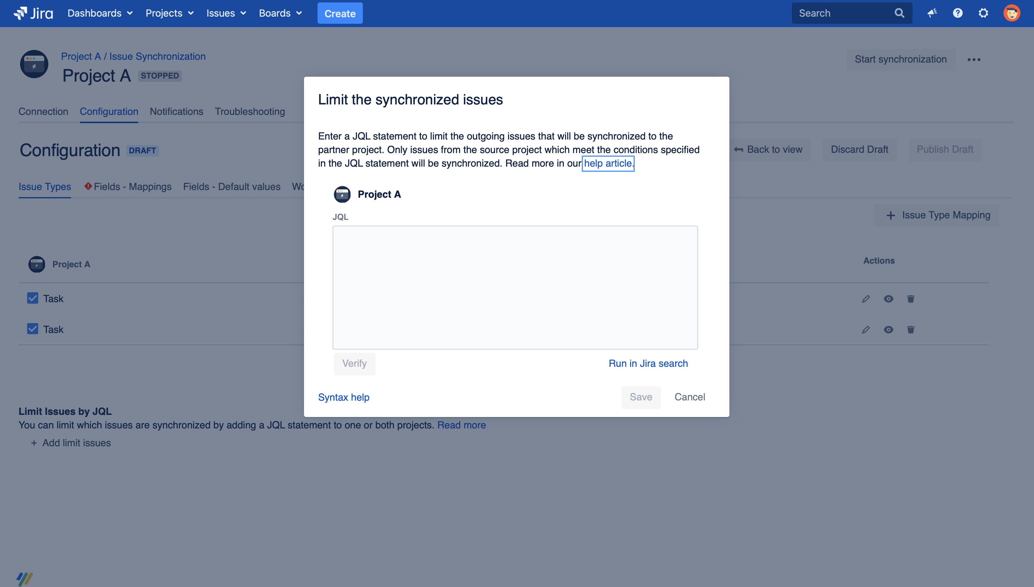 Limit the synced issue by JQL dialog