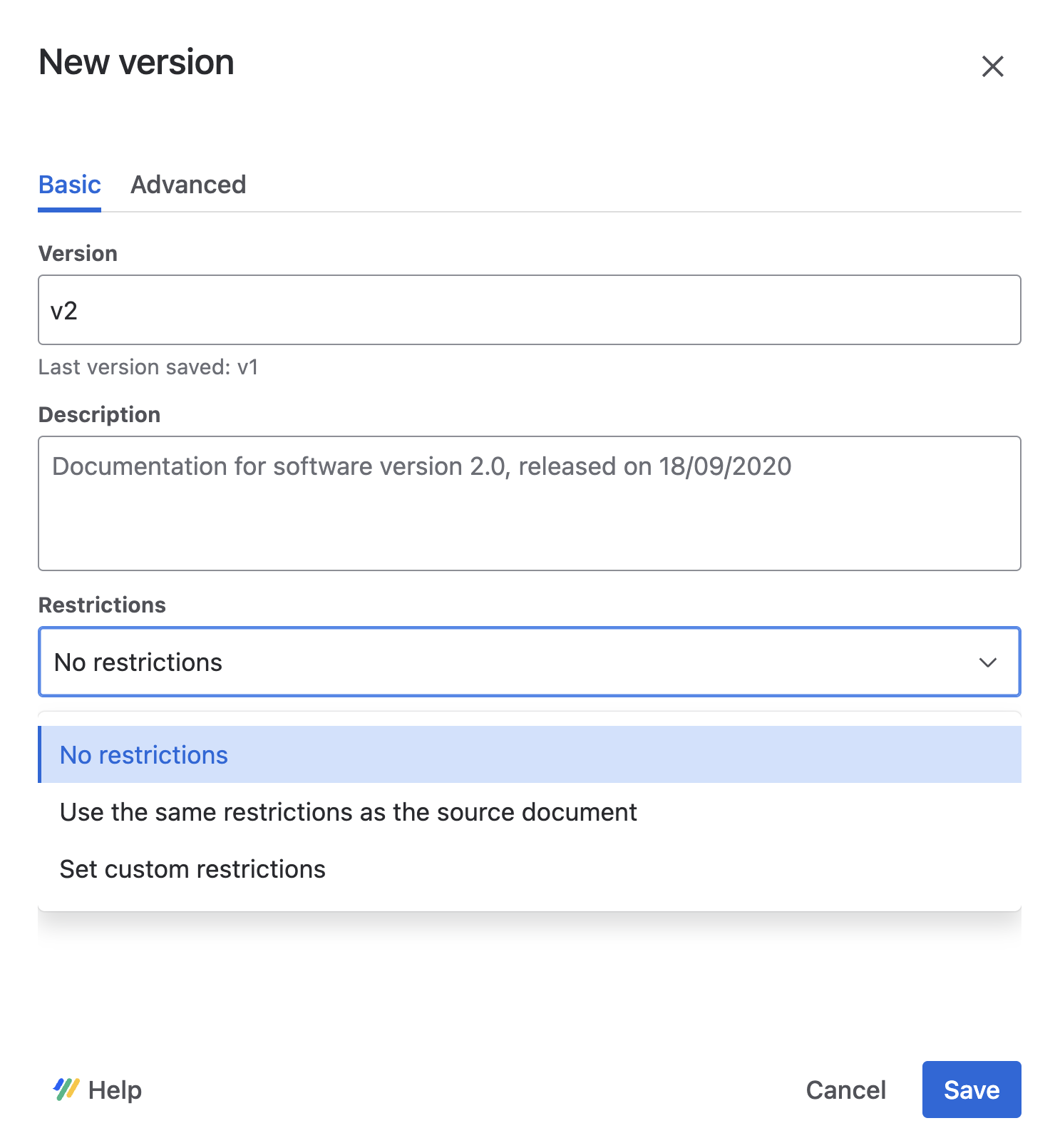 New version dialog with the restrictions menu expanded, offering options to set no restrictions, inherit restrictions from the source document, or define custom restrictions.