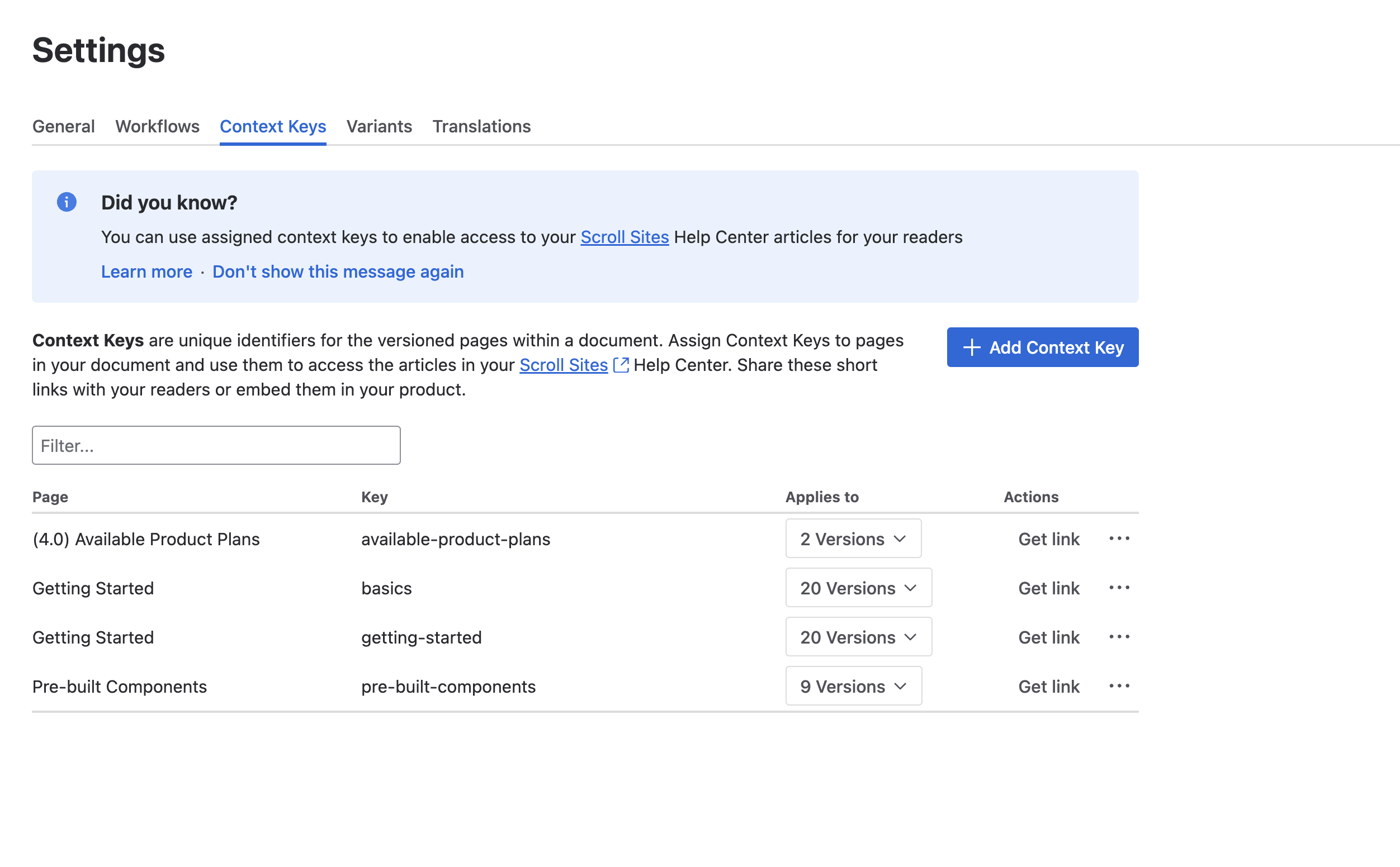 Context key table within document settings showing four existing keys, with options to create new keys, generate links, or search the table.